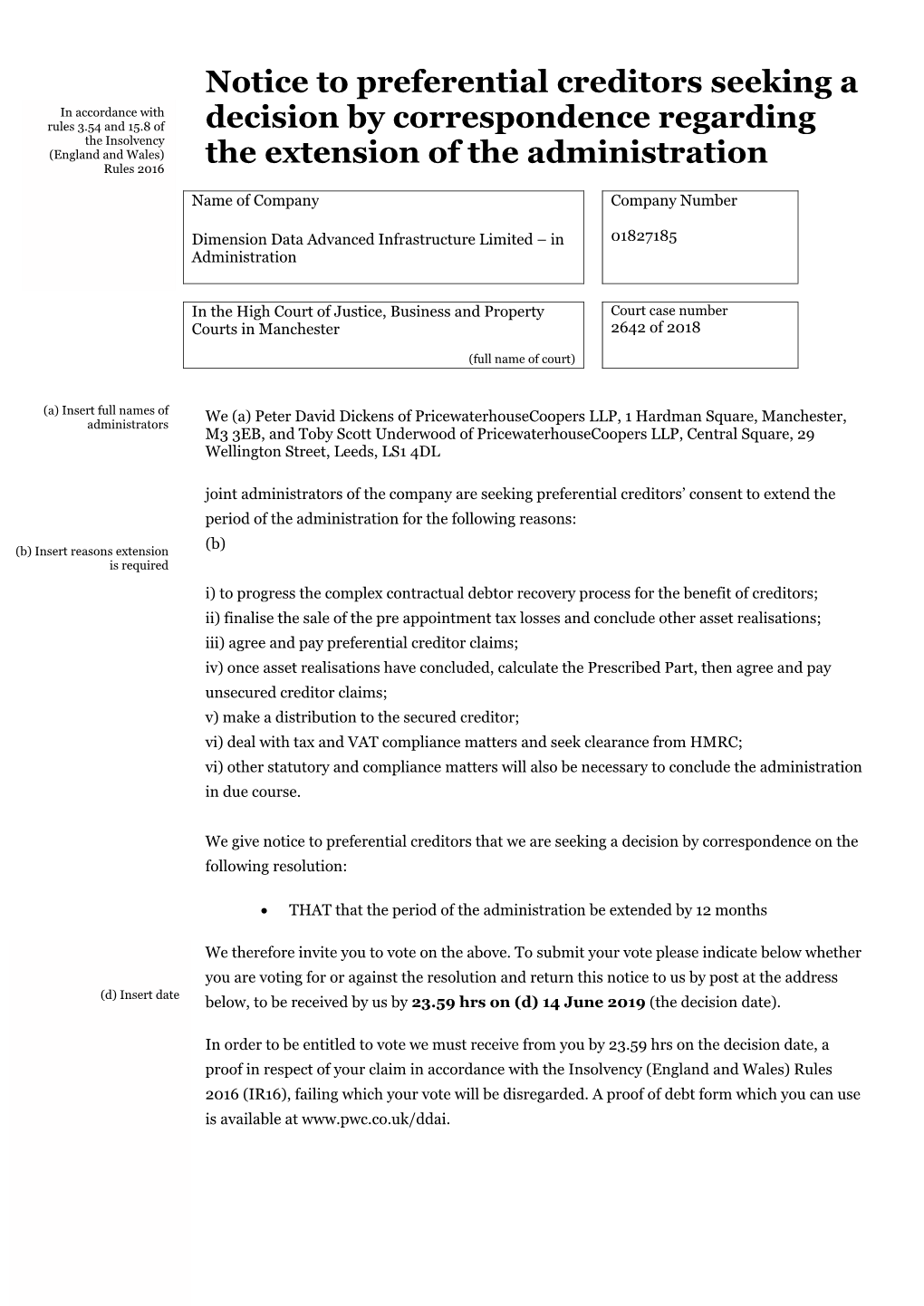 Notice to Preferential Creditors Seeking a Decision by Correspondence Regarding the Extension of the Administration