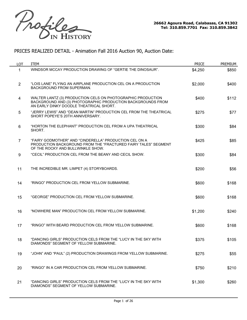 PRICES REALIZED DETAIL - Animation Fall 2016 Auction 90, Auction Date