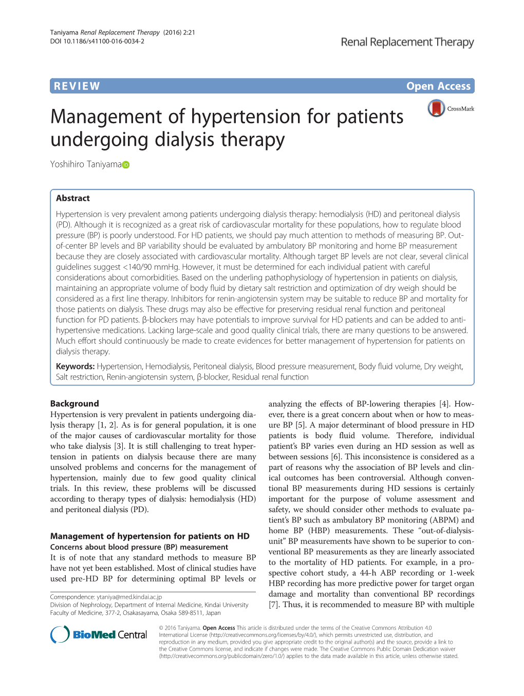 VIEW Open Access Management of Hypertension for Patients Undergoing Dialysis Therapy Yoshihiro Taniyama