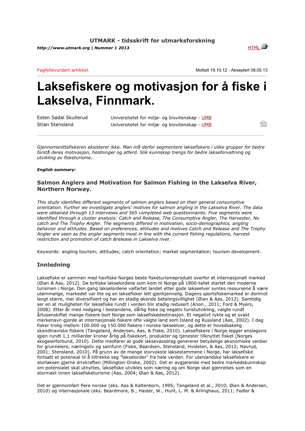 Laksefiskere Og Motivasjon for Å Fiske I Lakselva, Finnmark