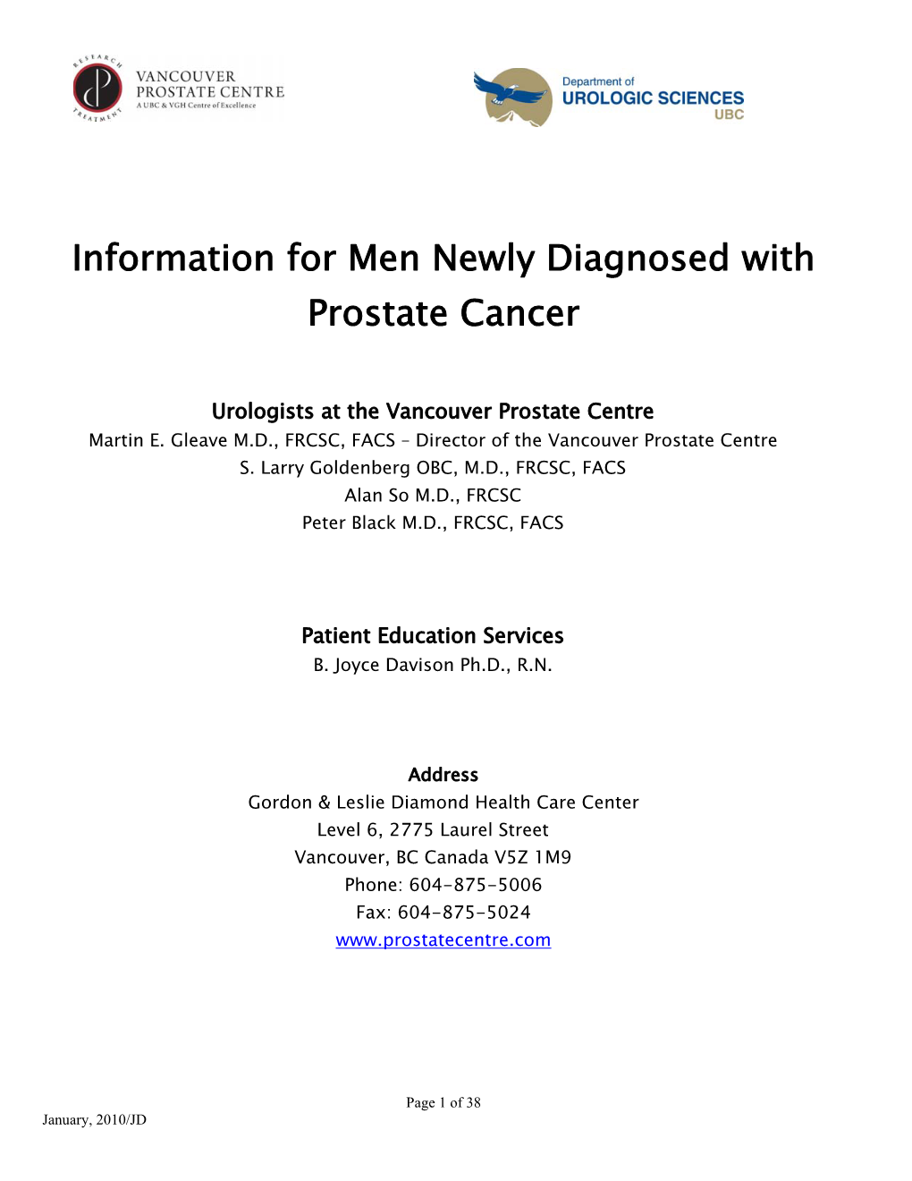Information for Men Newly Diagnosed with Prostate Cancer