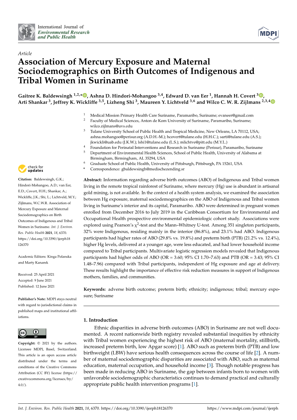 Association of Mercury Exposure and Maternal Sociodemographics on Birth Outcomes of Indigenous and Tribal Women in Suriname