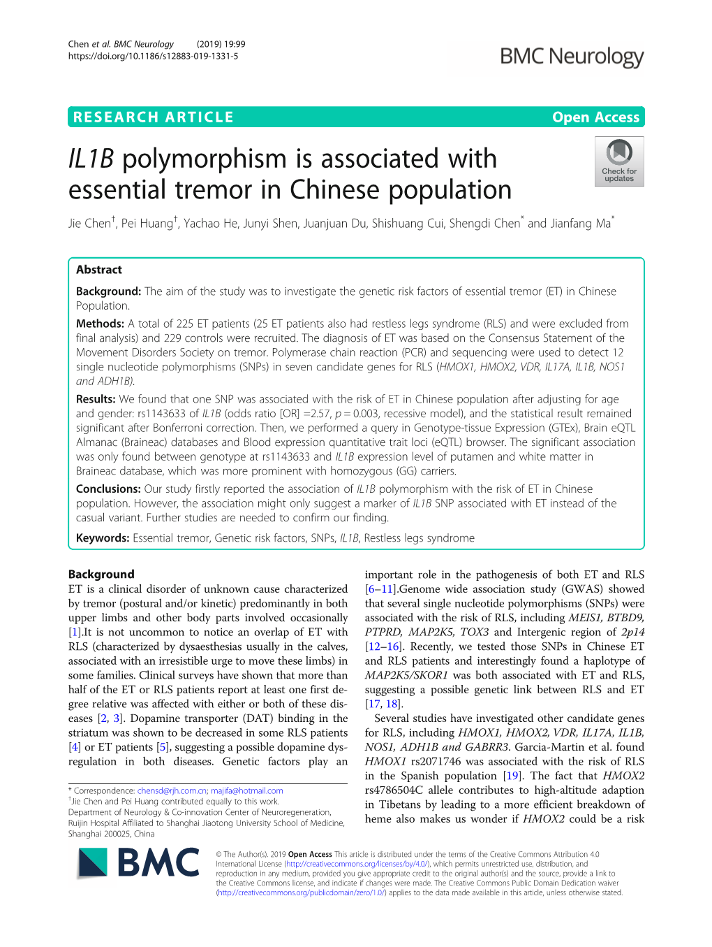 IL1B Polymorphism Is Associated with Essential Tremor in Chinese Population