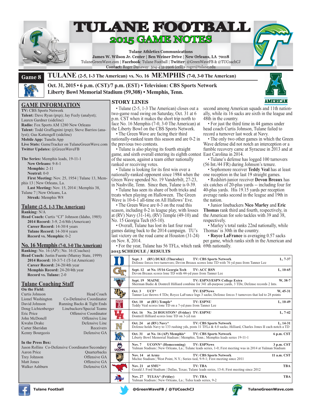 Tulane Football 2015 Game Notes