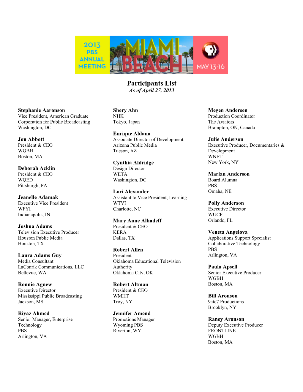 Participants List As of April 27, 2013