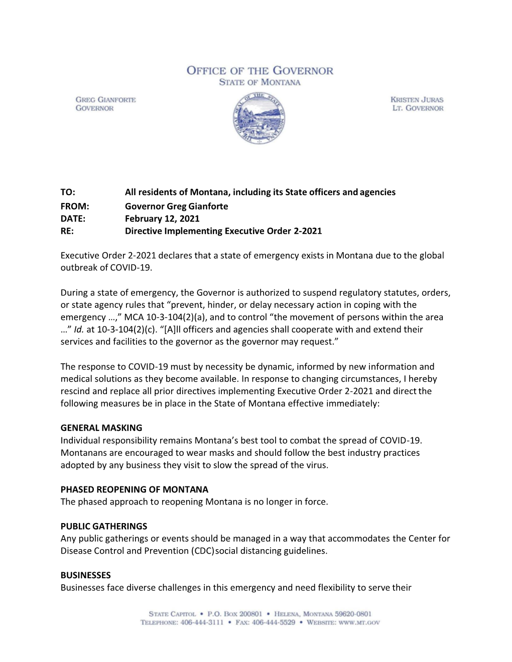 Governor Greg Gianforte DATE: February 12, 2021 RE: Directive Implementing Executive Order 2-2021