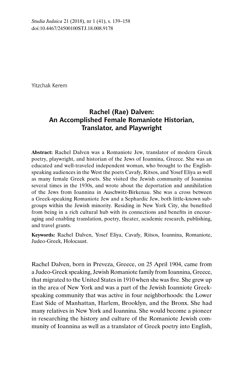 Rachel (Rae) Dalven: an Accomplished Female Romaniote Historian, Translator, and Playwright