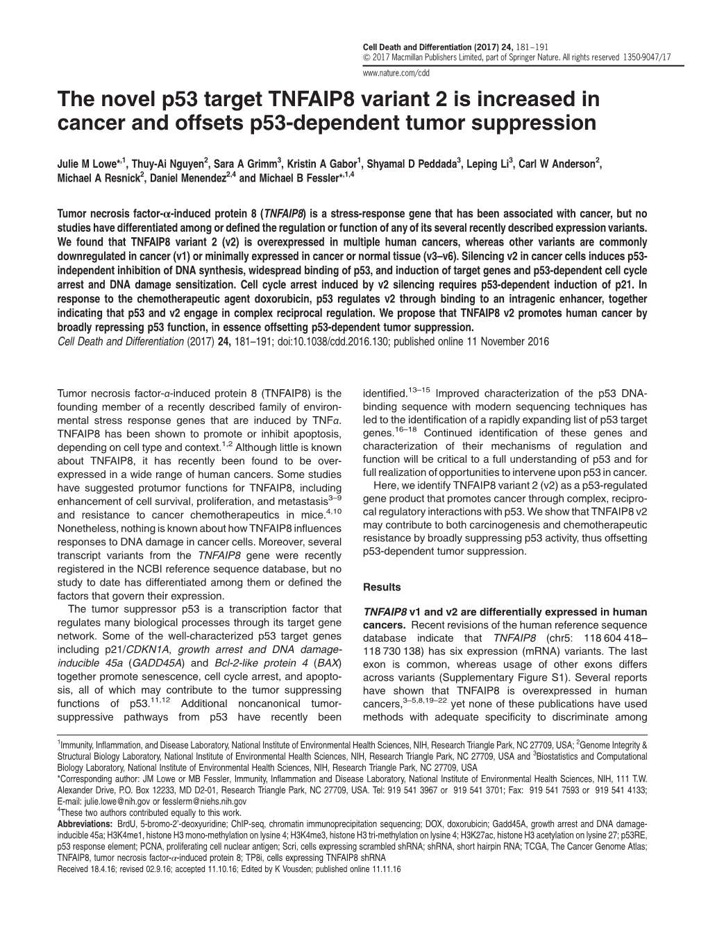 The Novel P53 Target TNFAIP8 Variant 2 Is Increased in Cancer and Offsets P53-Dependent Tumor Suppression