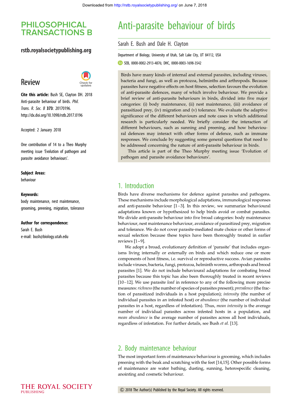 Anti-Parasite Behaviour of Birds