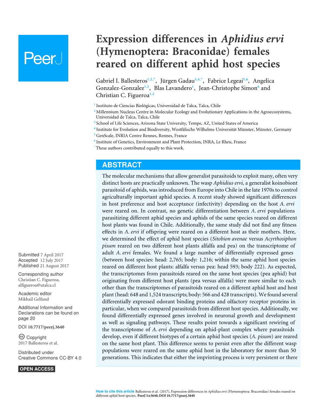 Expression Differences in Aphidius Ervi (Hymenoptera: Braconidae) Females Reared on Different Aphid Host Species