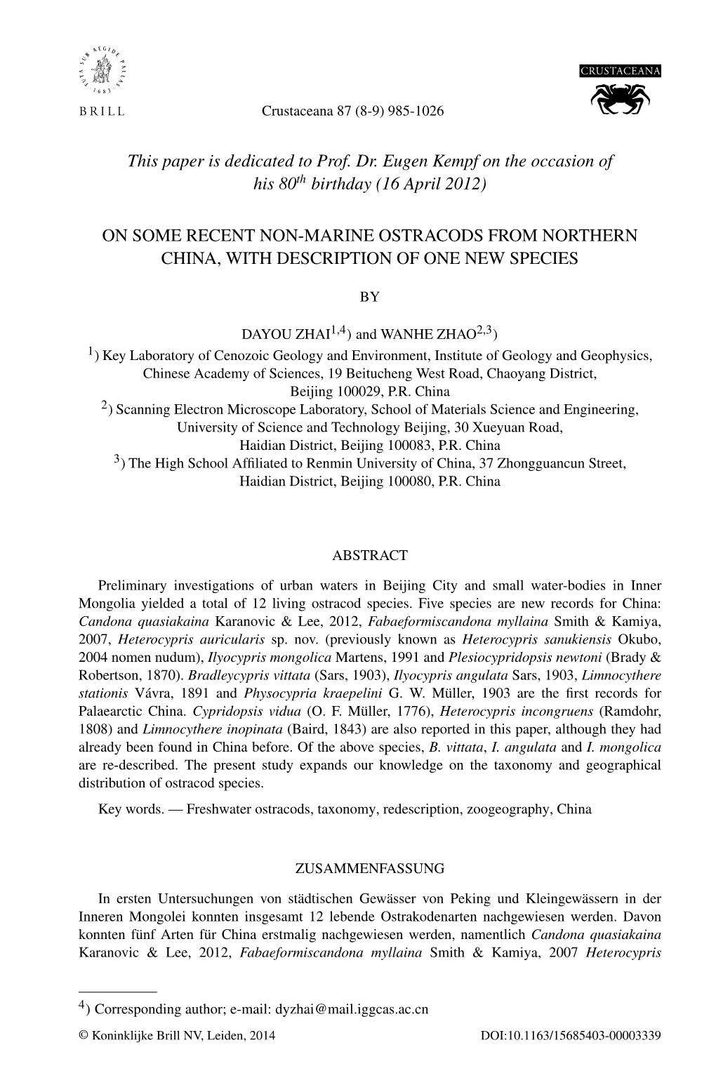 This Paper Is Dedicated to Prof. Dr. Eugen Kempf on the Occasion of His 80Th Birthday (16 April 2012) on SOME RECENT NON-MARINE