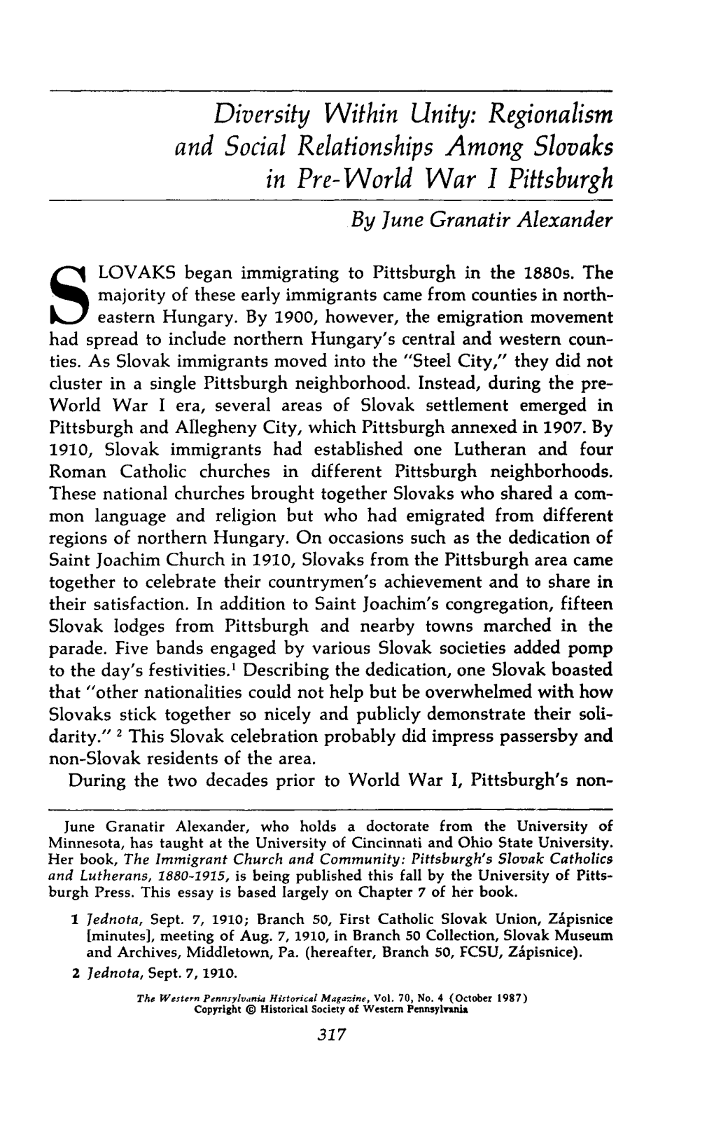 Slovaks in Pre- World War 1Pittsburgh June Granatir Alexander