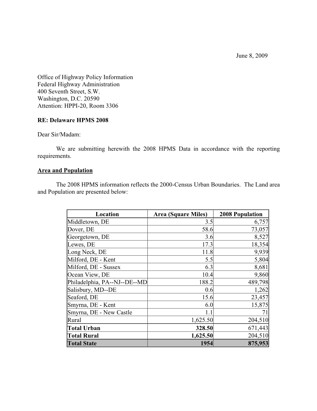 Delaware's 2008 HPMS Submission Comments