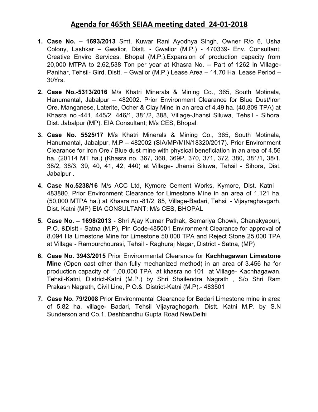 Agenda for 465Th SEIAA Meeting Dated 24-01-2018