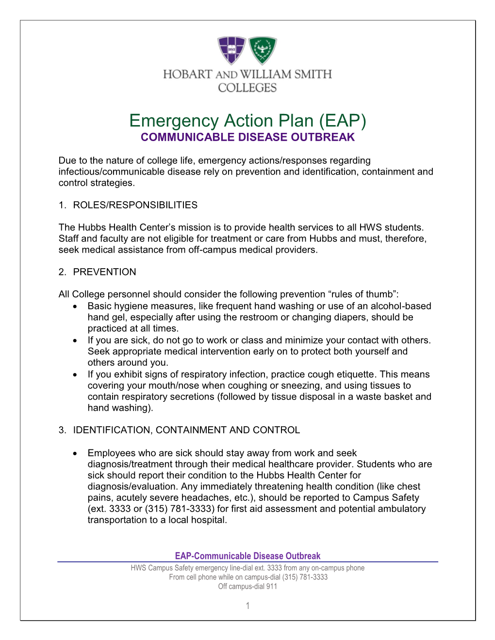 EAP-Communicable Disease Outbreak HWS Campus Safety Emergency Line-Dial Ext