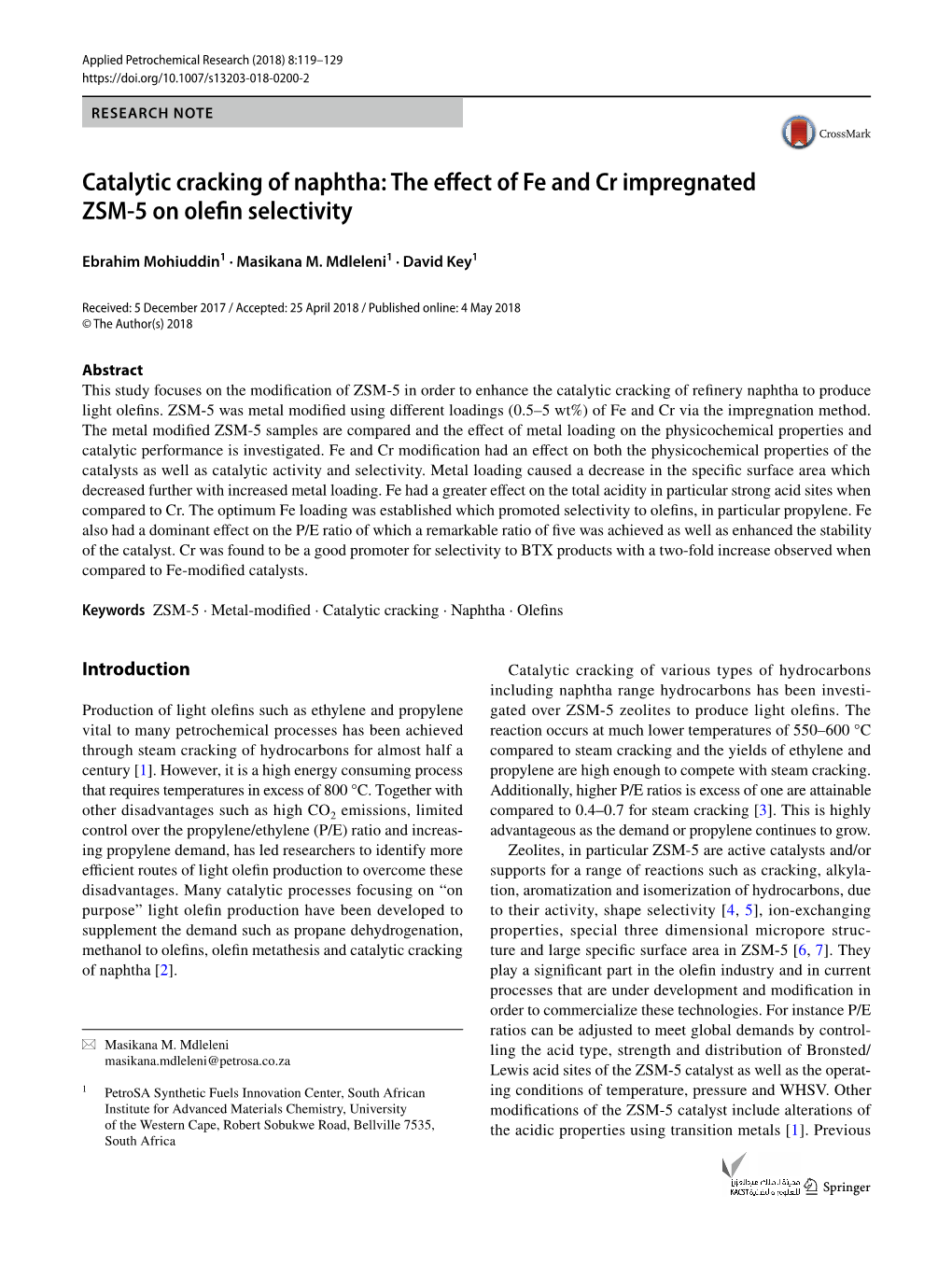 The Effect of Fe and Cr Impregnated ZSM-5 on Olefin Selectivity