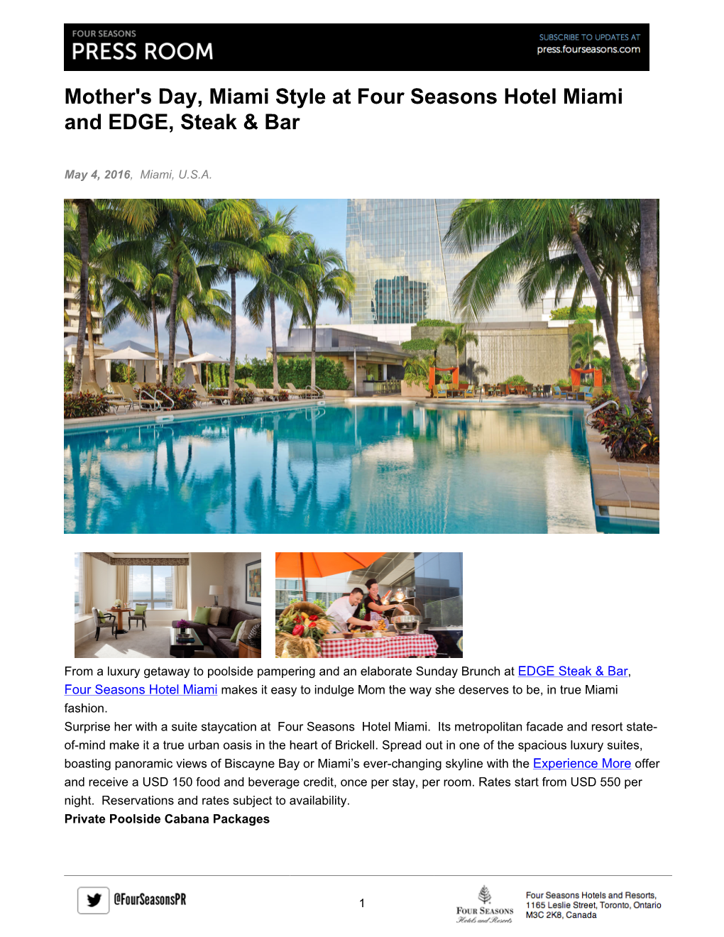 Mother's Day, Miami Style at Four Seasons Hotel Miami and EDGE, Steak & Bar