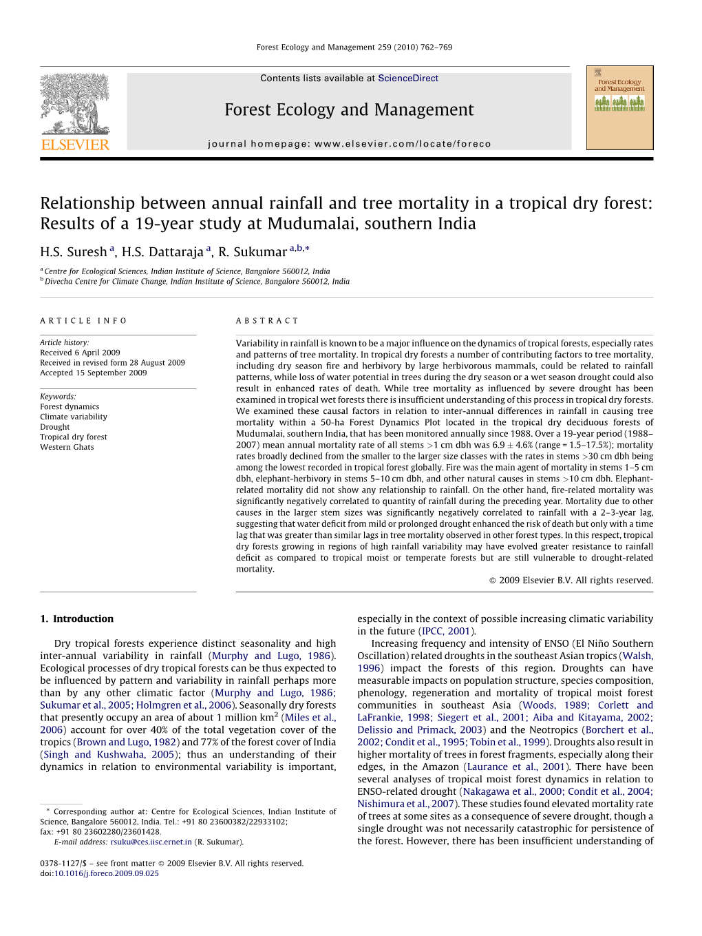 Relationship Between Annual Rainfall and Tree Mortality in a Tropical Dry Forest: Results of a 19-Year Study at Mudumalai, Southern India