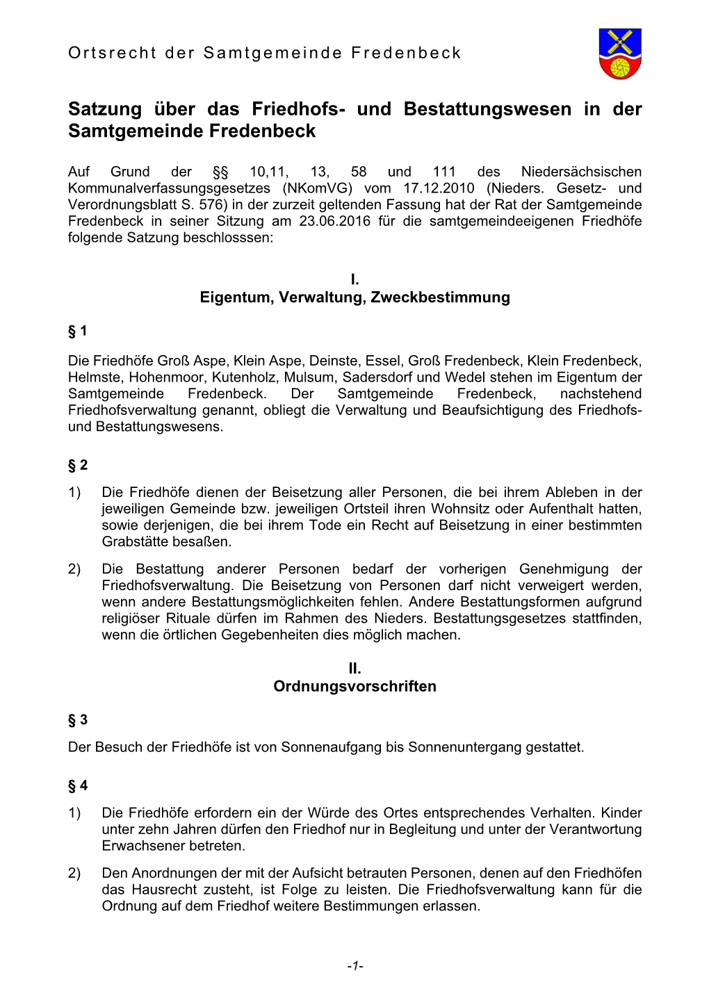 Satzung Über Das Friedhofs- Und Bestattungswesen in Der Samtgemeinde Fredenbeck