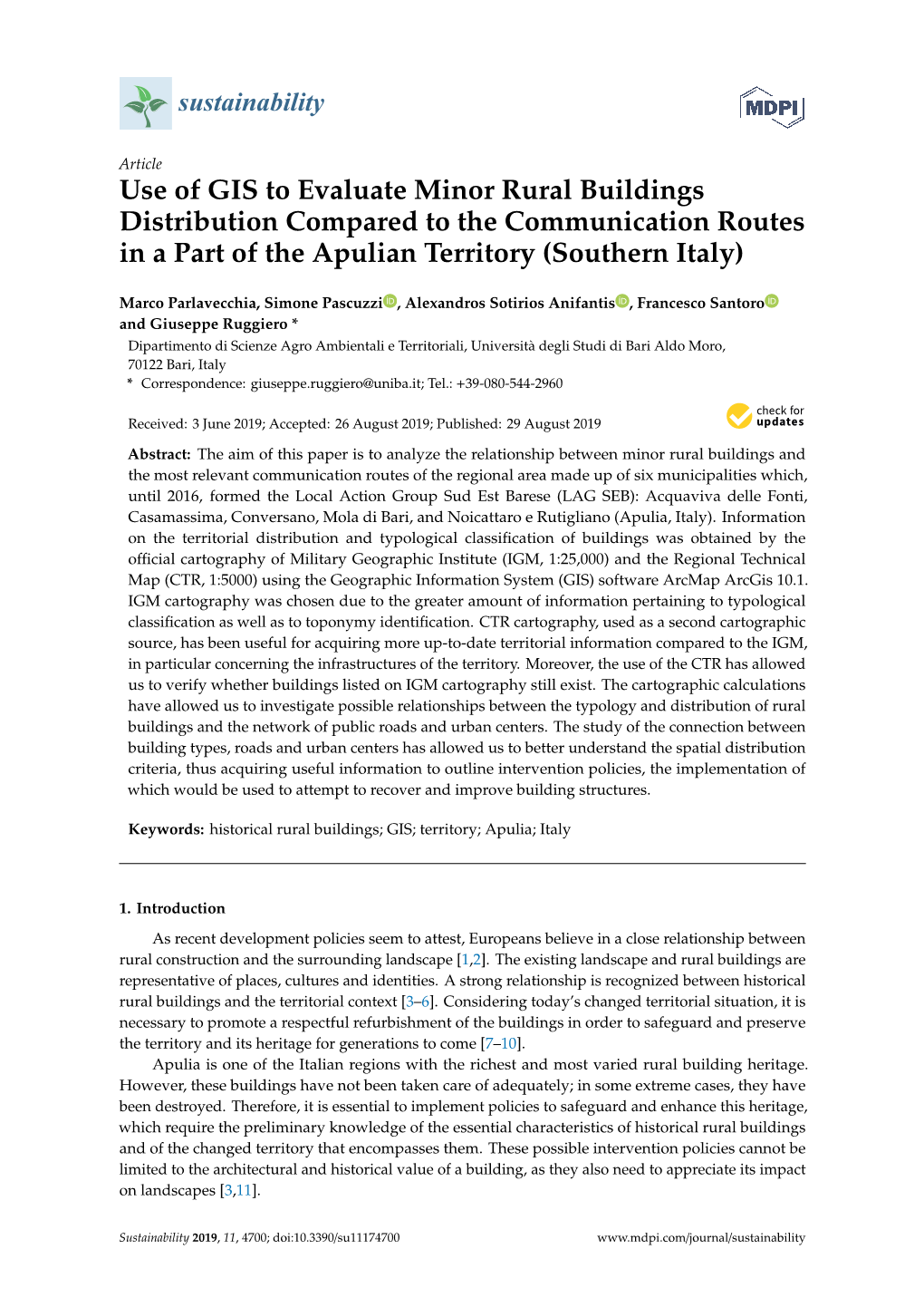 Use of GIS to Evaluate Minor Rural Buildings Distribution Compared to the Communication Routes in a Part of the Apulian Territory (Southern Italy)