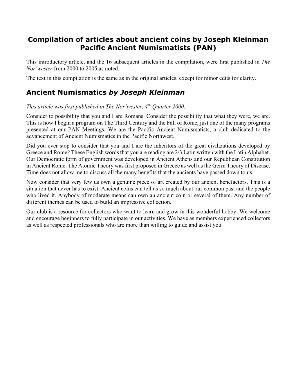 Compilation of Articles About Ancient Coins by Joseph Kleinman Pacific Ancient Numismatists (PAN)