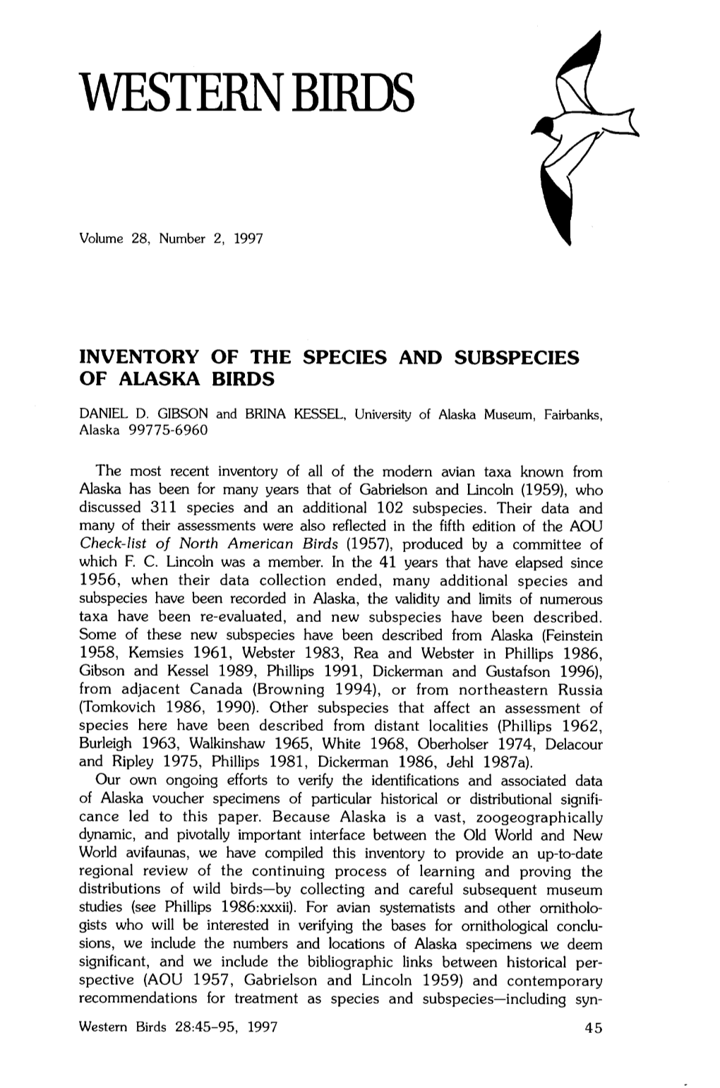 Inventory of the Species and Subspecies of Alaska Birds