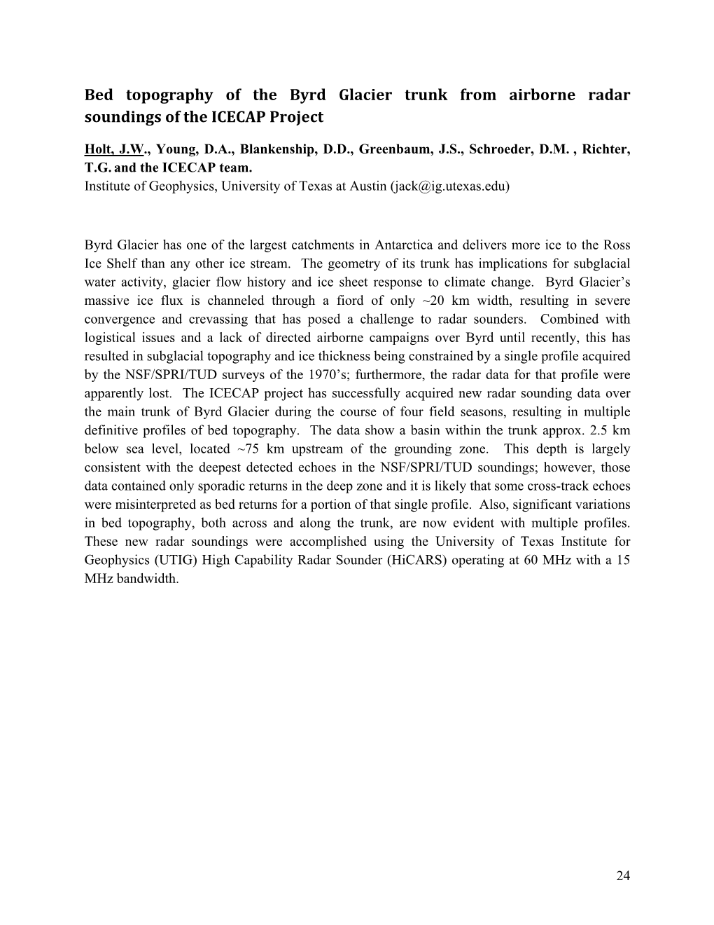 Bed Topography of the Byrd Glacier Trunk from Airborne Radar Soundings of the ICECAP Project