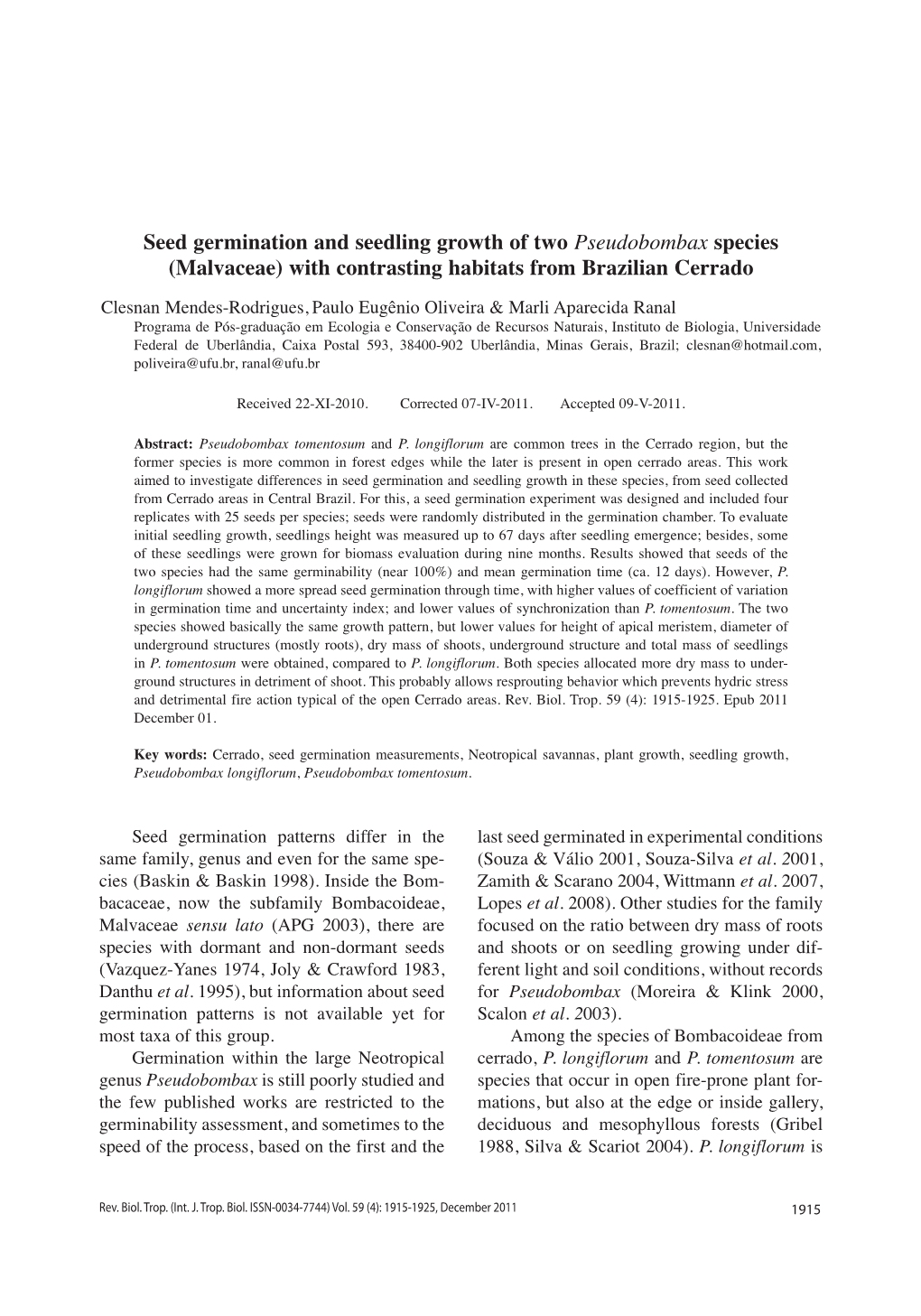 Seed Germination and Seedling Growth of Two Pseudobombax Species (Malvaceae) with Contrasting Habitats from Brazilian Cerrado