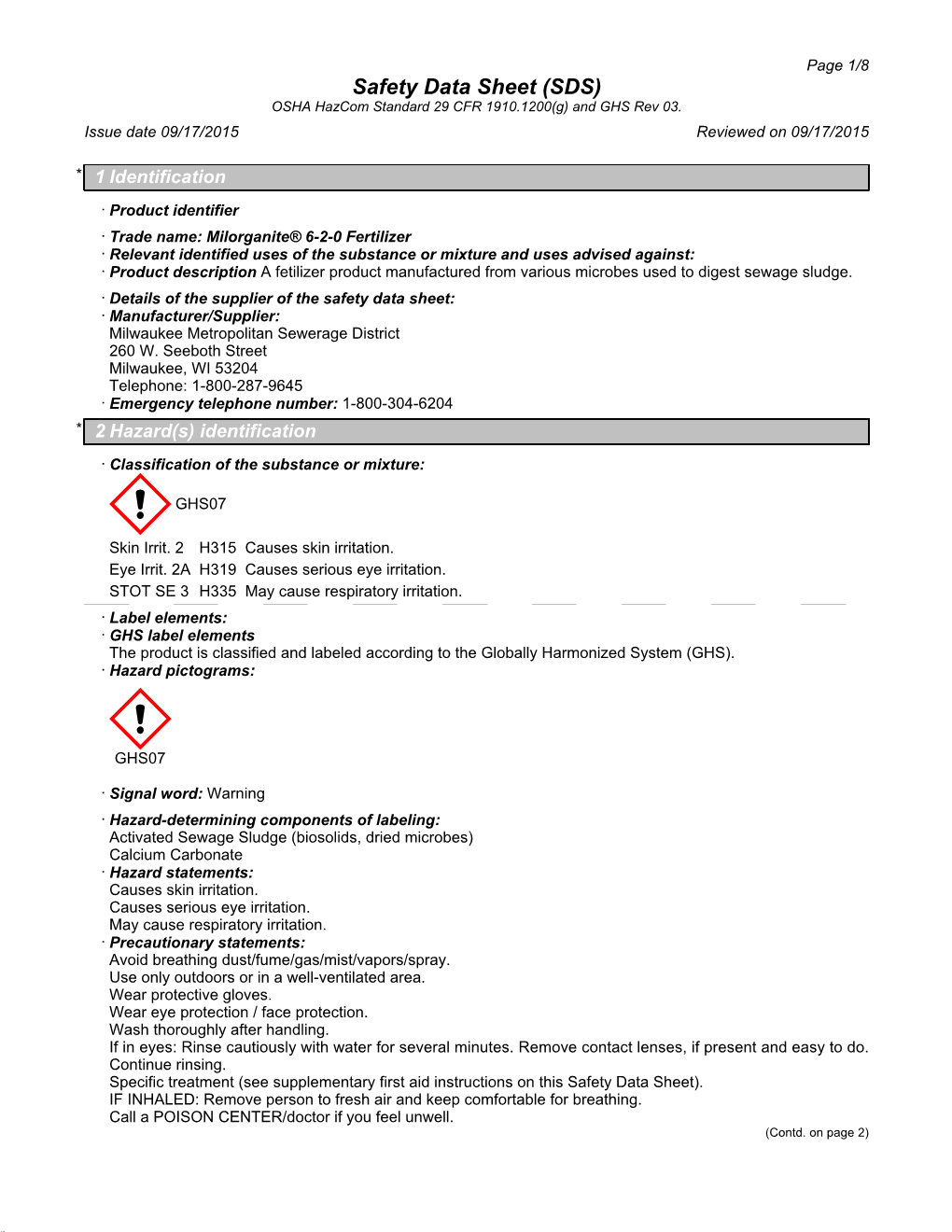 Data Sheet (SDS) OSHA Hazcom Standard 29 CFR 1910.1200(G) and GHS Rev 03