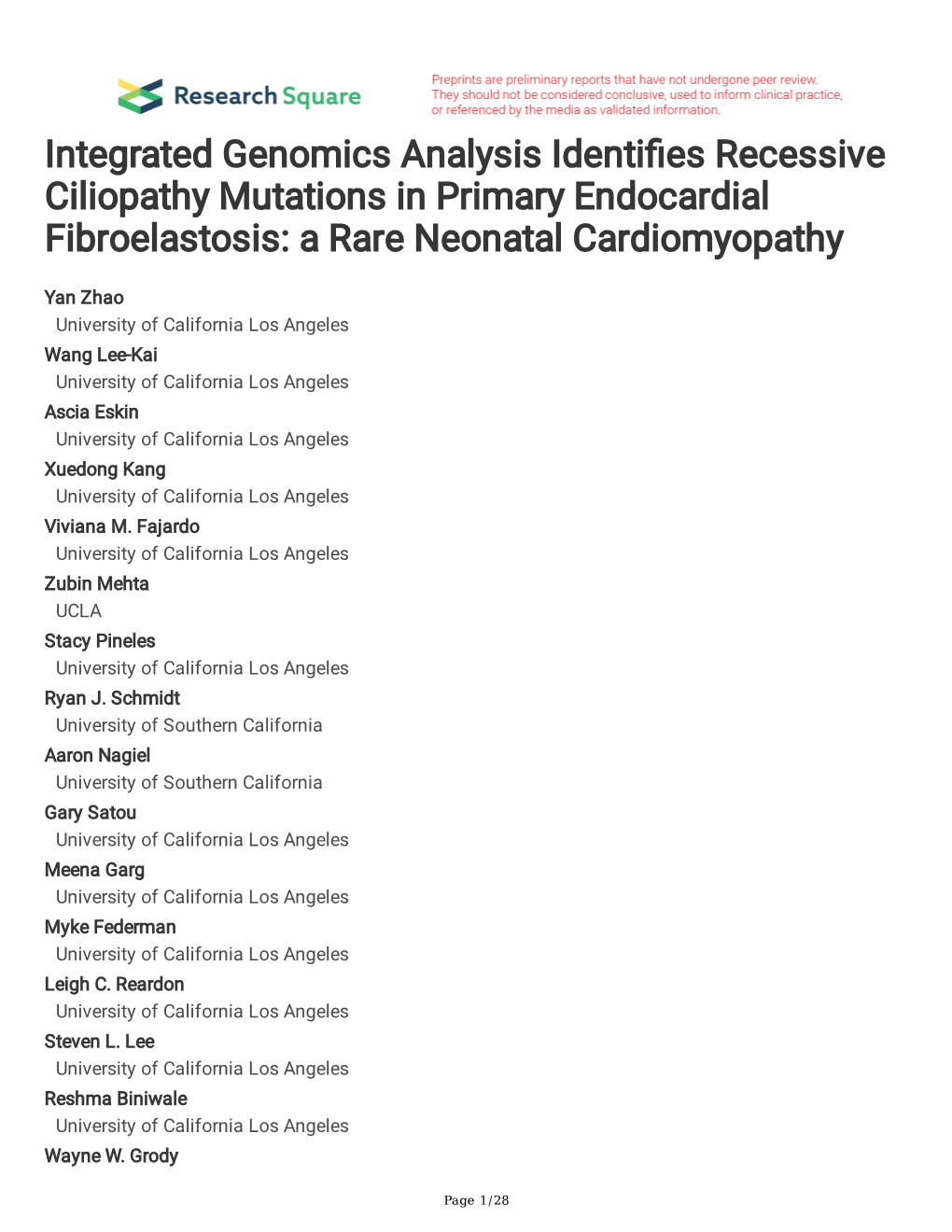 Integrated Genomics Analysis Identi Es Recessive Ciliopathy Mutations in Primary Endocardial Fibroelastosis