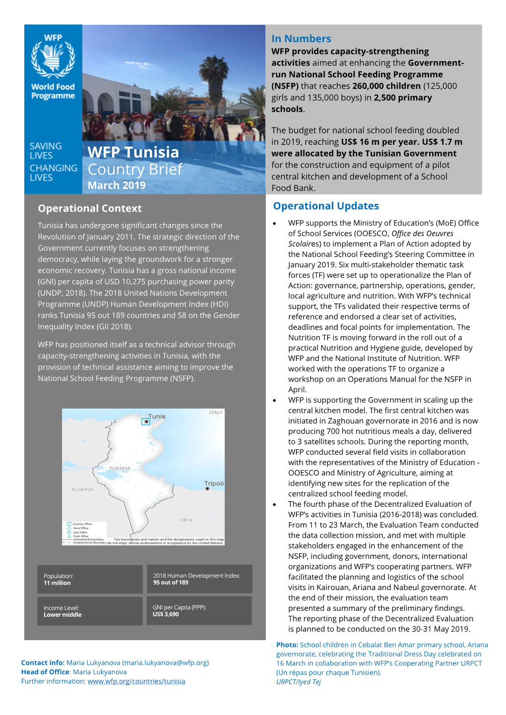 WFP Tunisia Country Brief March 2019