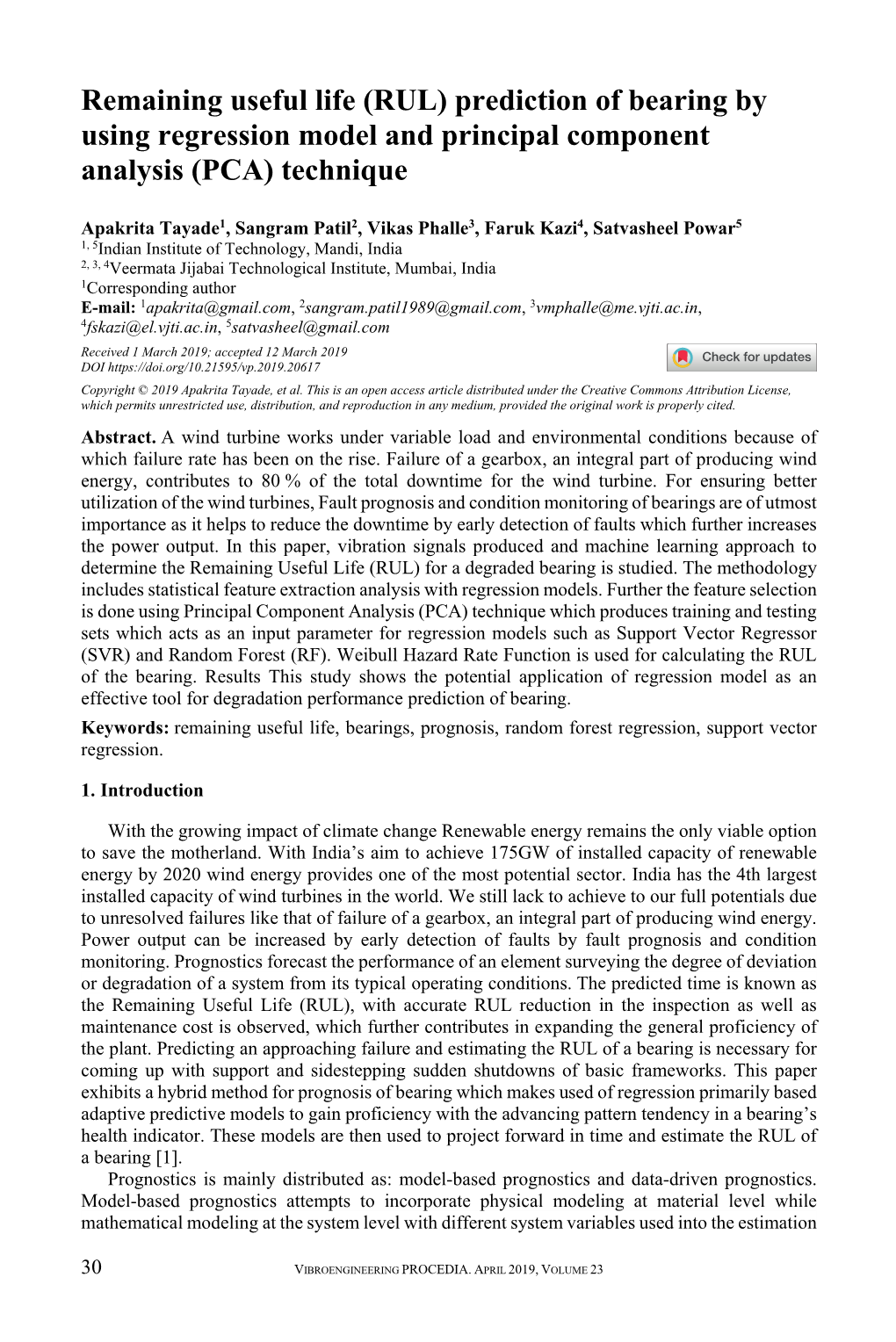 (RUL) Prediction of Bearing by Using Regression Model and Principal Component Analysis (PCA) Technique