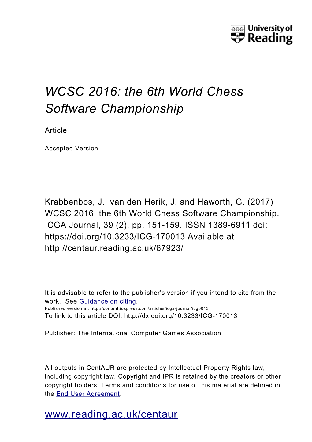 WCSC 2016: the 6Th World Chess Software Championship
