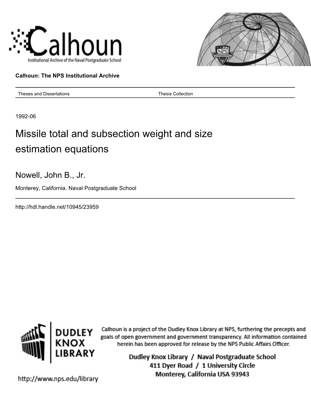 Missile Total and Subsection Weight and Size Estimation Equations