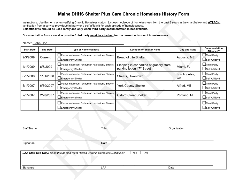 Chronic Homeless Homelessness History Form