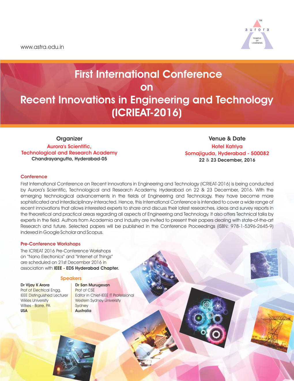 First International Conference on Recent Innovations in Engineering and Technology (ICRIEAT-2016)