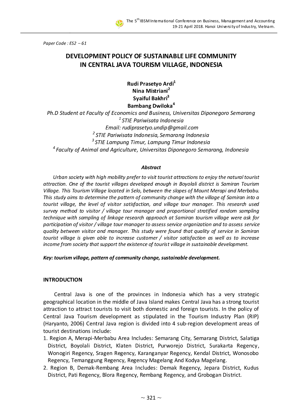 Development Policy of Sustainable Life Community in Central Java Tourism Village, Indonesia