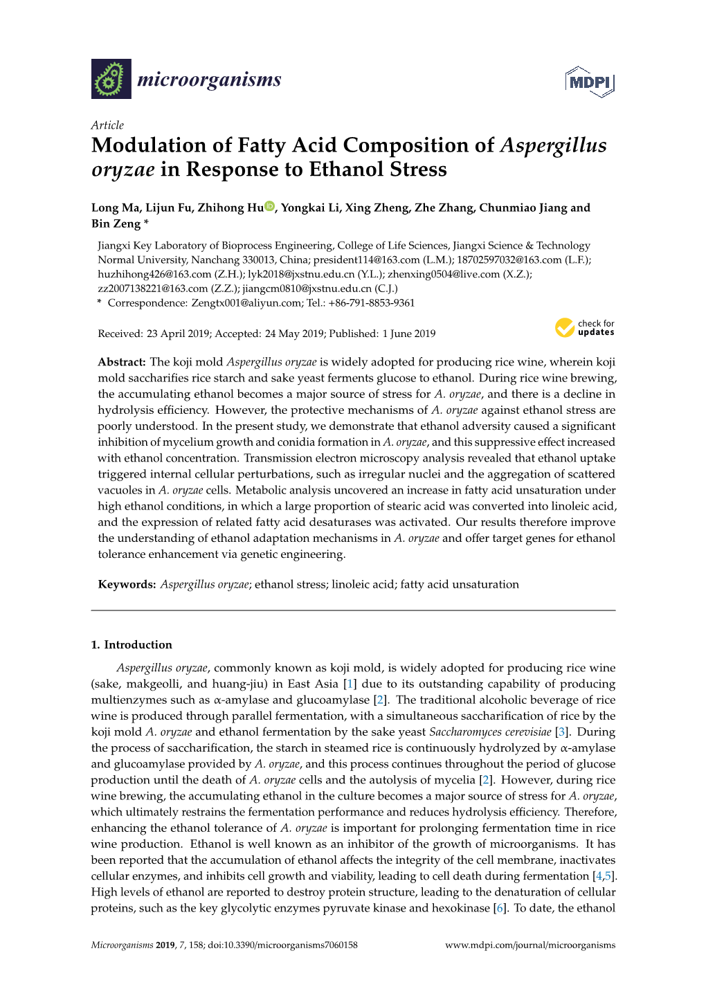 Modulation of Fatty Acid Composition of Aspergillus Oryzae in Response to Ethanol Stress