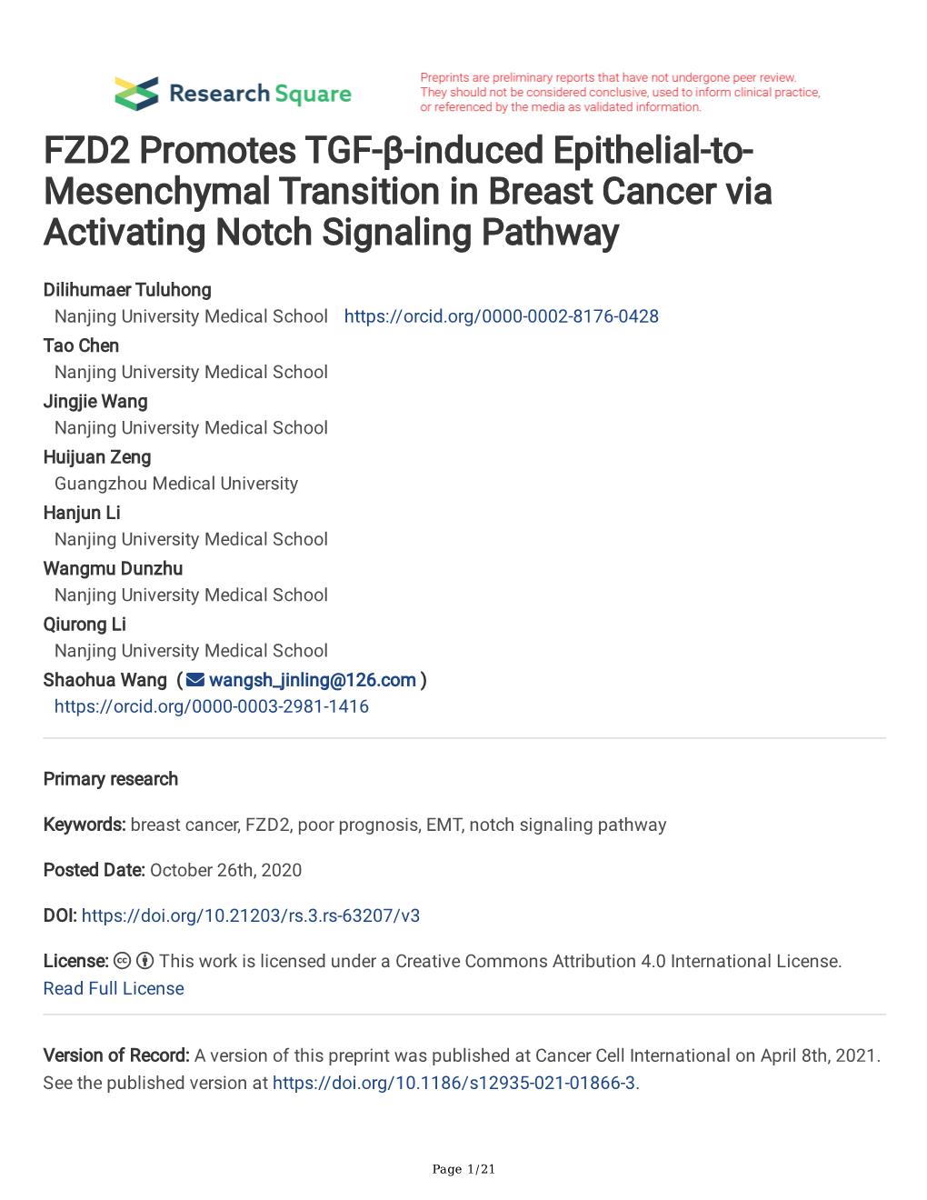 FZD2 Promotes TGF-Β-Induced Epithelial-To- Mesenchymal Transition in Breast Cancer Via Activating Notch Signaling Pathway