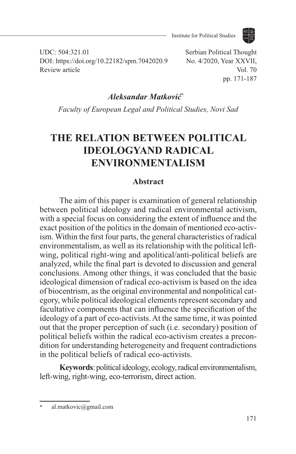 The Relation Between Political Ideologyand Radical Environmentalism