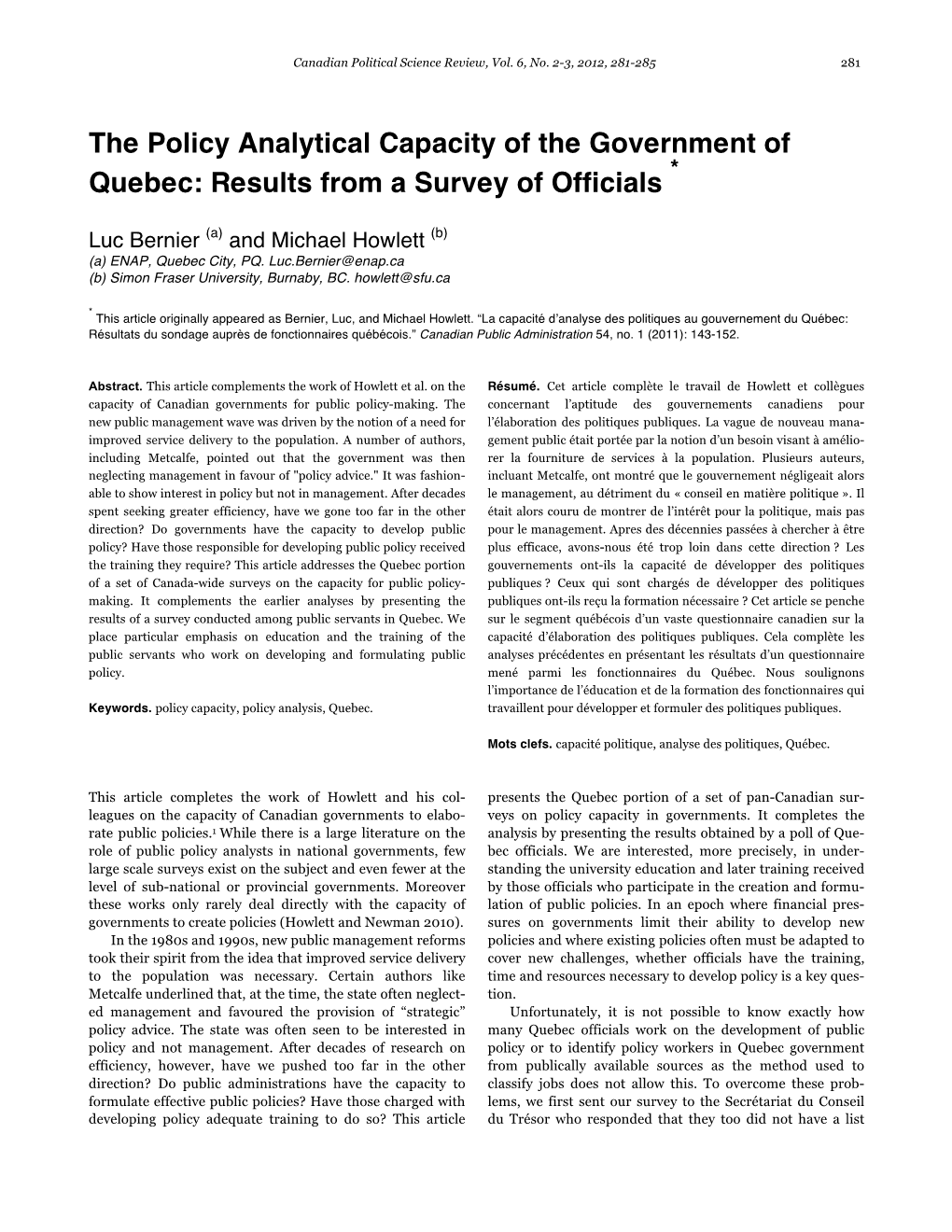 The Policy Analytical Capacity of the Government of Quebec: Results