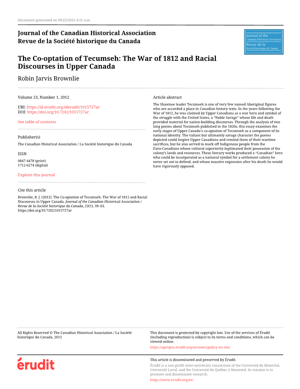 The Co-Optation of Tecumseh: the War of 1812 and Racial Discourses in Upper Canada Robin Jarvis Brownlie