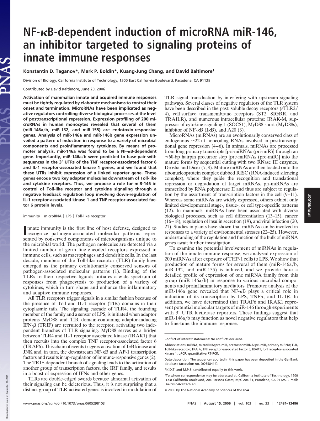 B-Dependent Induction of Microrna Mir-146, an Inhibitor Targeted to Signaling Proteins of Innate Immune Responses