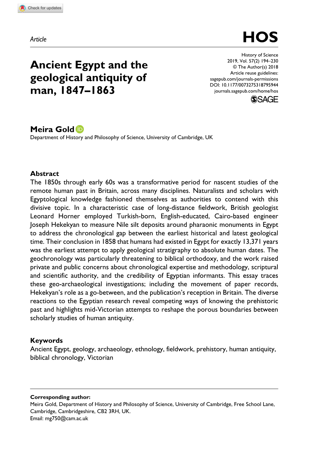 Ancient Egypt and the Geological Antiquity of Man, 1847–1863