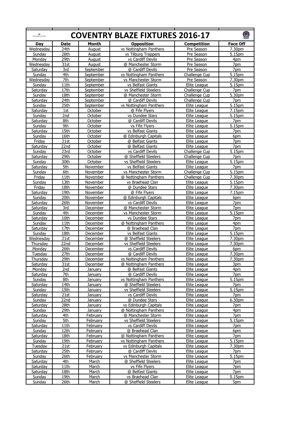 Coventry Blaze Fixtures 2016-17