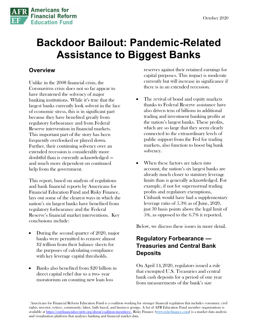 Backdoor Bailout: Pandemic-Related Assistance to Biggest Banks