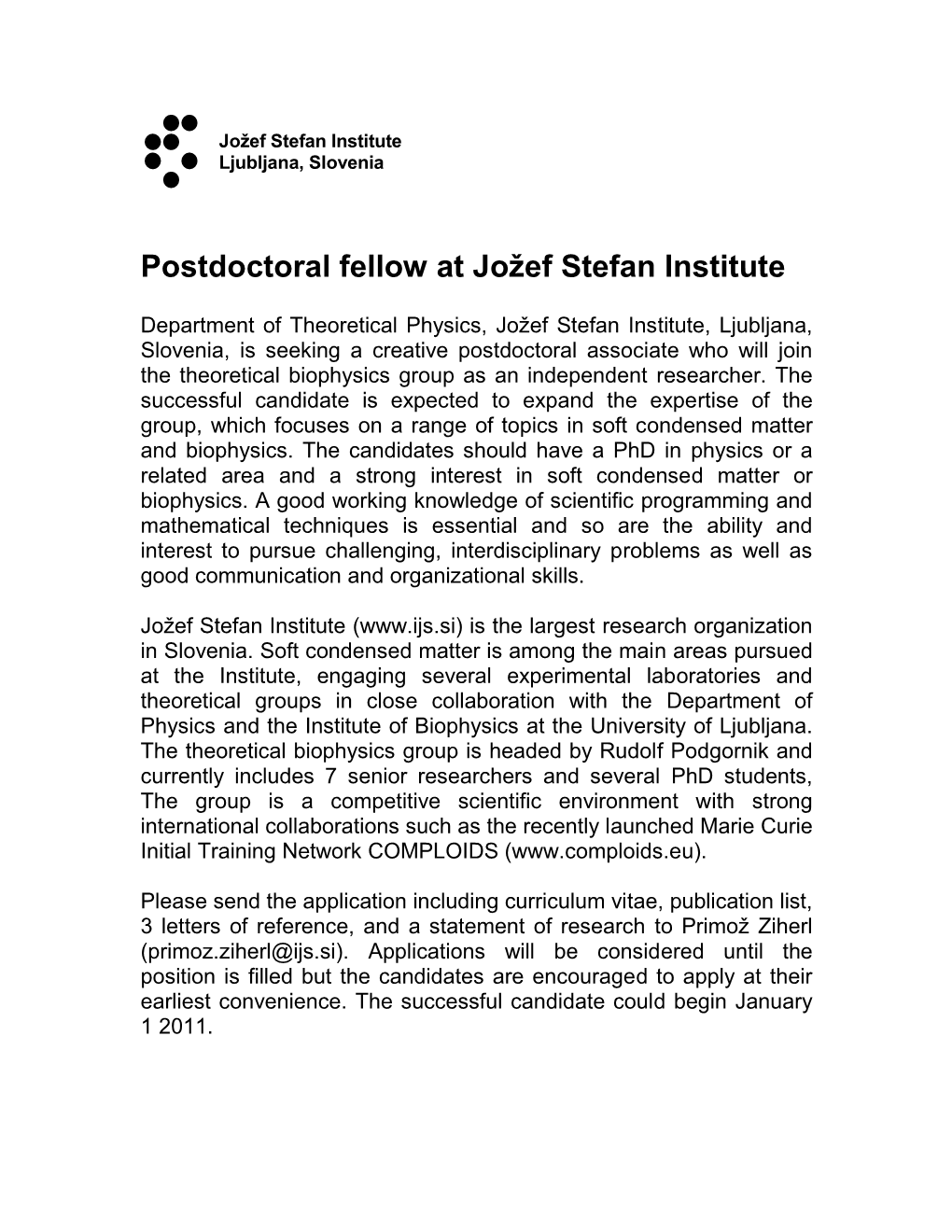 Postdoctoral Fellow at Jožef Stefan Institute