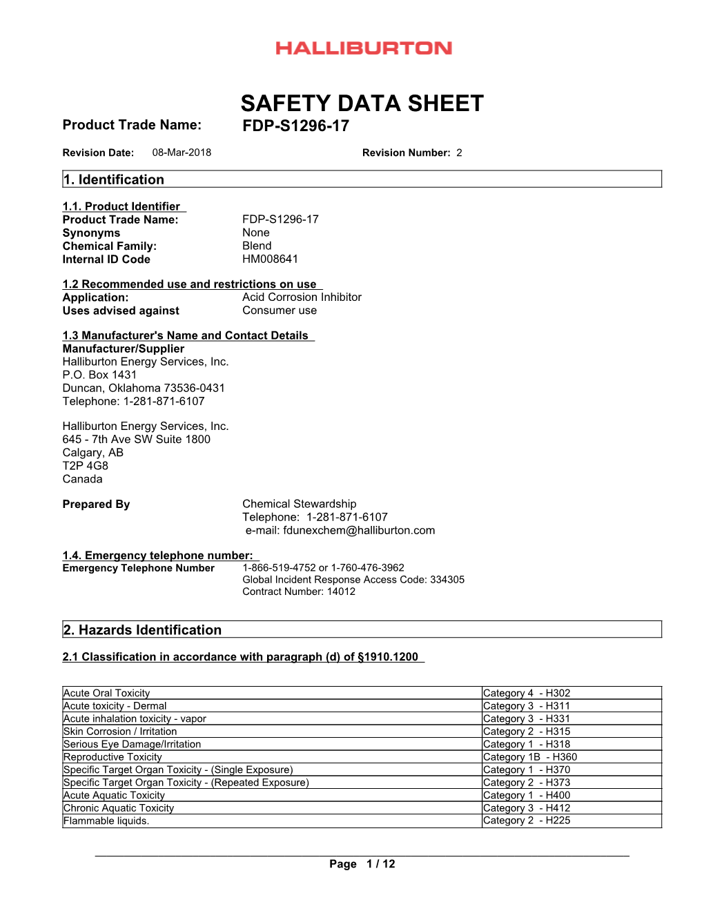 SAFETY DATA SHEET Product Trade Name: FDP-S1296-17