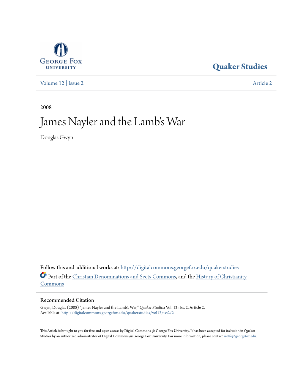 James Nayler and the Lamb's War Douglas Gwyn