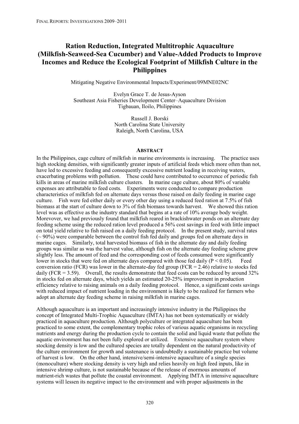 Ration Reduction, Integrated Multitrophic Aquaculture (Milkfish